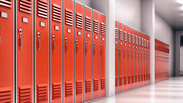 high school lobby with red color lockers perspect